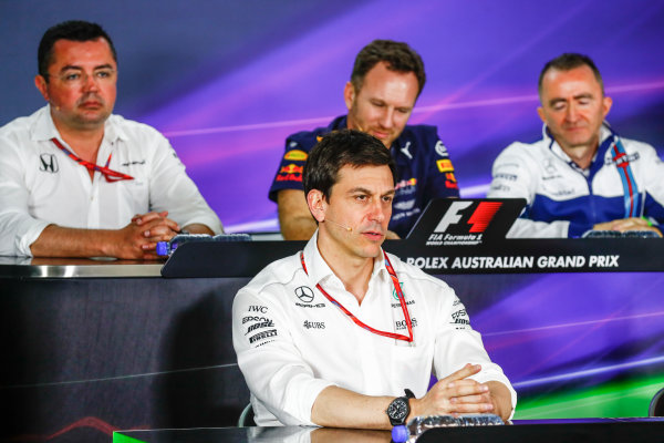 Albert Park, Melbourne, Australia.
Friday 24 March 2017.
Eric Boullier, Racing Director, McLaren, Toto Wolff, Executive Director (Business), Mercedes AMG, Christian Horner, Team Principal, Red Bull Racing, and Paddy Lowe, Williams Martini Racing Formula 1, in the Team Principals Press Conference.
World Copyright: Sam Bloxham/LAT Images
ref: Digital Image _J6I1835 Albert Park, Melbourne, Australia.
Friday 24 March 2017.
Eric Boullier, Racing Director, McLaren, Toto Wolff, Executive Director (Business), Mercedes AMG, Christian Horner, Team Principal, Red Bull Racing, and Paddy Lowe, Williams Martini Racing Formula 1, in the Team Principals Press Conference.
World Copyright: Sam Bloxham/LAT Images
ref: Digital Image _J6I1835