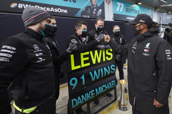 Lewis Hamilton, Mercedes-AMG Petronas F1, 1st position, celebrates with his team after securing his 91st F1 race win, equalling the record of Michael Schumacher Lewis Hamilton, Mercedes-AMG Petronas F1, 1st position, celebrates with his team after securing his 91st F1 race win, equalling the record of Michael Schumacher