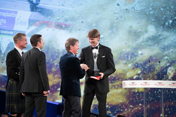 2017 Autosport Awards
Grosvenor House Hotel, Park Lane, London.
Sunday 3 December 2017.
Marcus Gronholm presents the Rally Car of the Year Award for the Ford Fiesta RS WRC to Malcolm Wilson.
World Copyright: Zak Mauger/LAT Images 
ref: Digital Image _O3I7039