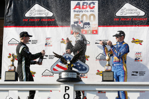 Verizon IndyCar Series
ABC Supply 500
Pocono Raceway, Long Pond, PA USA
Sunday 20 August 2017
Will Power, Team Penske Chevrolet, Josef Newgarden, Team Penske Chevrolet, Alexander Rossi, Curb Andretti Herta Autosport with Curb-Agajanian Honda celebrate with champagne on the podium
World Copyright: Phillip Abbott
LAT Images
ref: Digital Image abbott_pocono_0817_8078