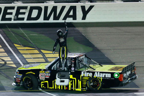NASCAR Camping World Truck Series
M&M?s 200 presented by Casey?s General Store
Iowa Speedway, Newton, IA USA
Friday 23 June 2017
John Hunter Nemechek, Fire Alarm Services/Romco Equipment Co. Chevrolet Silverado celebrates his win
World Copyright: Russell LaBounty
LAT Images NASCAR Camping World Truck Series
M&M?s 200 presented by Casey?s General Store
Iowa Speedway, Newton, IA USA
Friday 23 June 2017
John Hunter Nemechek, Fire Alarm Services/Romco Equipment Co. Chevrolet Silverado celebrates his win
World Copyright: Russell LaBounty
LAT Images