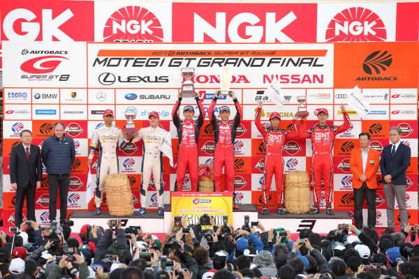 2017 Japanese Super GT Series.
Motegi, Japan. 
11th - 12th November 2017. Rd 8.
GT500 Winner Tsugio Matsuda & Ronnie Quintarelli ( #23  MOTUL AUTECH GT-R ) 2nd position Ryo Hirakawa & Nick Cassidy ( #37  KeePer TOM'S LC500 ) 3rd position Yuji Tachikawa & Hiroaki Ishiura ( #38 ZENT CERUMO LC500 ) podium portrait
World Copyright: Yasushi Ishihara/LAT Images
ref: Digital Image 2017_SGT_Rd8_007