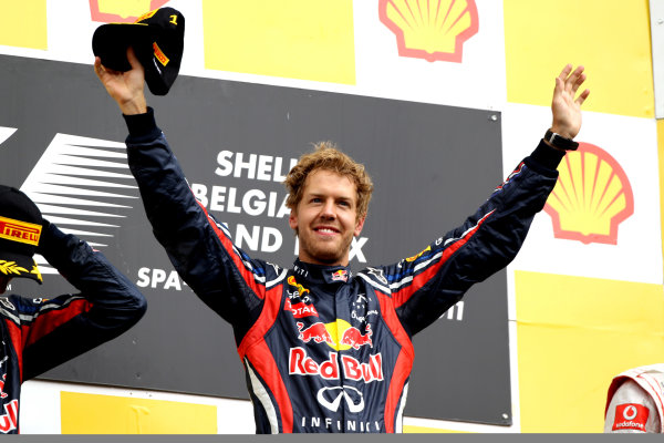 Spa-Francorchamps, Spa, Belgium
28th August 2011.
Sebastian Vettel, Red Bull Racing RB7 Renault, 1st position, on the podium. Portrait. Podium.
World Copyright: Andy Hone/LAT Photographic
ref: Digital Image CI0C2476 Spa-Francorchamps, Spa, Belgium
28th August 2011.
Sebastian Vettel, Red Bull Racing RB7 Renault, 1st position, on the podium. Portrait. Podium.
World Copyright: Andy Hone/LAT Photographic
ref: Digital Image CI0C2476