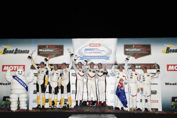 #4 Corvette Racing Chevrolet Corvette C7.R, GTLM: Oliver Gavin, Tommy Milner, Marcel Fassler, #911 Porsche Team North America Porsche 911 RSR, GTLM: Patrick Pilet, Nick Tandy, Frederic Makowiecki, #24 BMW Team RLL BMW M8 GTLM: John Edwards, Jesse Krohn, Chaz Mostert, podium #4 Corvette Racing Chevrolet Corvette C7.R, GTLM: Oliver Gavin, Tommy Milner, Marcel Fassler, #911 Porsche Team North America Porsche 911 RSR, GTLM: Patrick Pilet, Nick Tandy, Frederic Makowiecki, #24 BMW Team RLL BMW M8 GTLM: John Edwards, Jesse Krohn, Chaz Mostert, podium